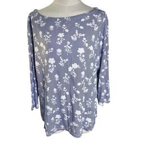 Charter Club 1X Blue White Floral Stripe Top Pima Cotton Boatneck 3/4 Sleeve